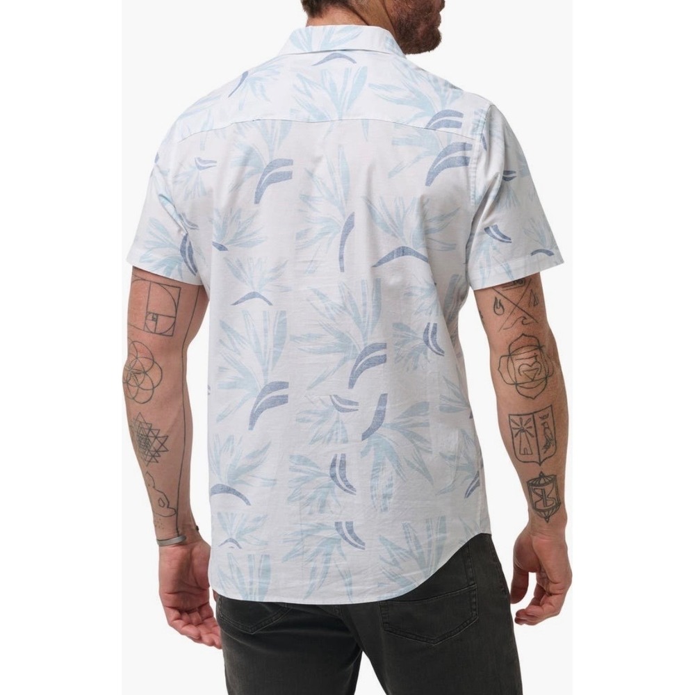 TravisMathew Mens Short Sleeve Button Down Tropical Print Shirt White Blue M - Picture 2 of 13